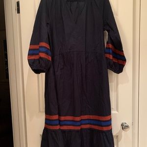 Sundry, navy blue with stripe detail, split neck boho dress.